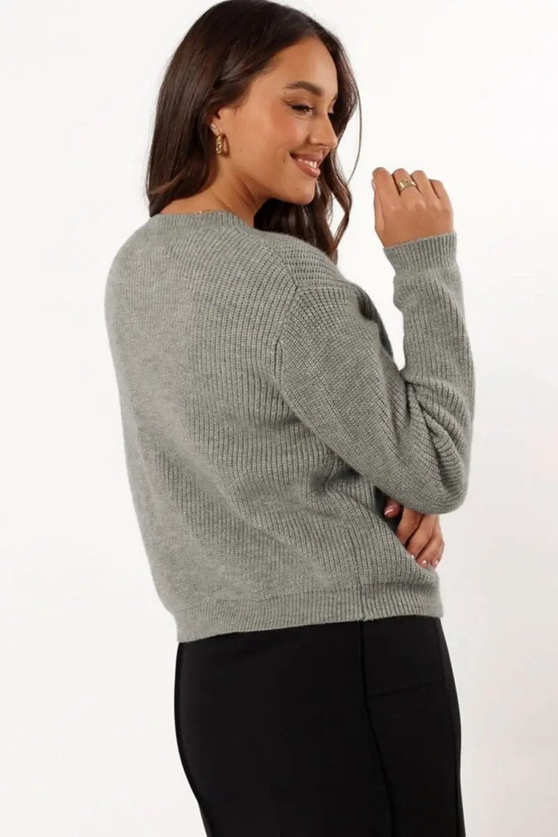 Philippine Gray Ribbed Knit Bow Front Buttoned Cardigan - Love Salve